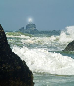 Terrible Tilly Lighthouse on Oregon Coast with Light Shining