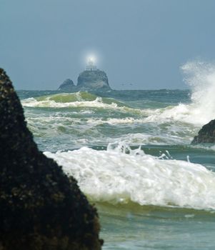 Terrible Tilly Lighthouse on Oregon Coast with Light Shining