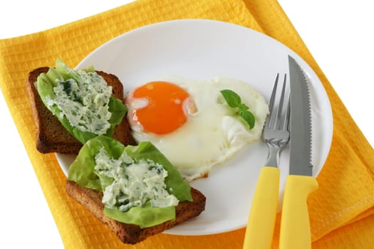 Fried egg with toasts with cream-cheese