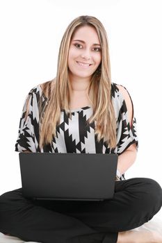 Woman with a laptop computer - isolated over a white background