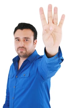 young good looking man with counting fingers against white background, focus on hand