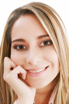 Beautiful woman portrait smiling - isolated over a white background