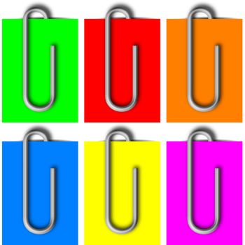 Metal paperclips collection on color paper background