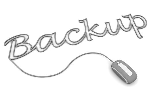 modern grey computer mouse is connected to the grey word BACKUP - letters a formed by the mouse cable