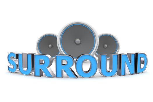bent word SURROUND with three speakers in background - blue