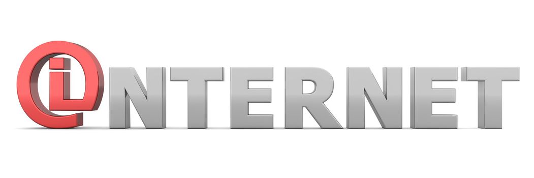 glossy grey word INTERNET - letter i is replaced by a shiny red i-AT-symbol
