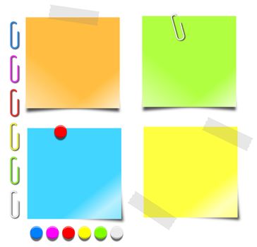 Colorful 3d graphics of blank notepaper, paperclips and pushpins.