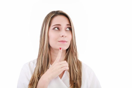 Thinking woman looking up, isolated on white