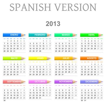 Colorful monday to sunday 2013 calendar with crayons spanish version illustration