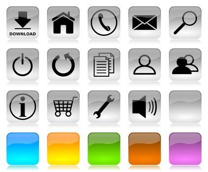 Black on white glossy internet icons series and five colors blank customizable buttons
