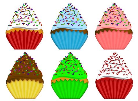 Six Variety Pack Cupcakes with Colorful Chocolate Sprinkles Illustration Isolated on White Background