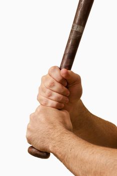 A man's hands gripping a baseball bat isolated on white.