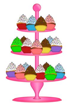 Cupcakes on Pink Three Tier Cake Stand Illustration Isolated on White Background