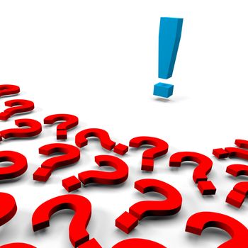 Many 3d red question marks and one answer exclamation mark on white background