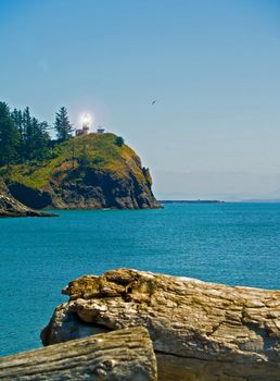 Lighthouse at Cape Disappointment at Fort Canby State Park in WA USA with Light