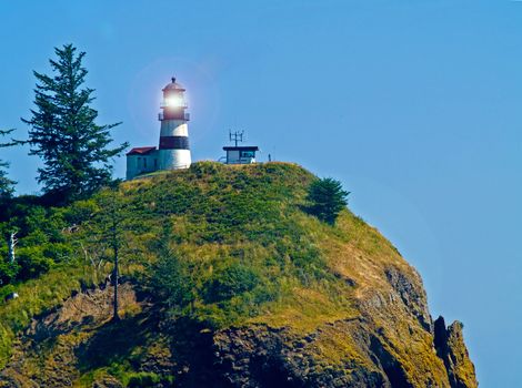 Lighthouse at Cape Disappointment at Fort Canby State Park in WA USA with Light