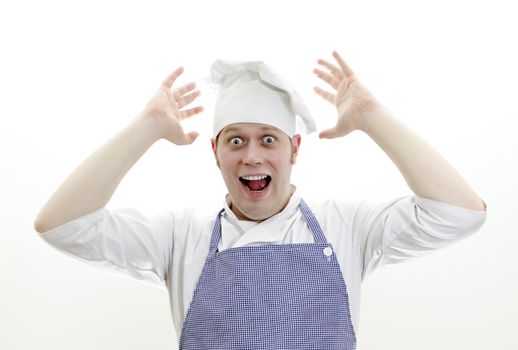 scared chief cook with hands up 