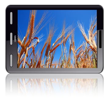 Vertical Tablet computer isolated on the white background. Screen saver and ears of wheat.