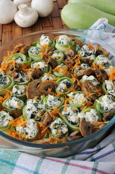 baked rolls stuffed zucchini with ricotta and spinach and mushrooms