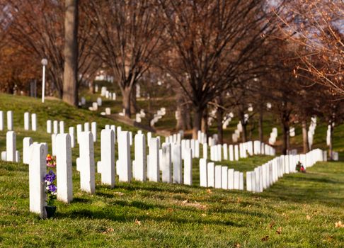 Christmas wreaths on gravestones in Arlington National Cemetery. The wreathes have been donated each year since 1992.