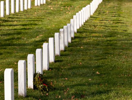 Christmas wreaths on gravestones in Arlington National Cemetery. The wreathes have been donated each year since 1992.