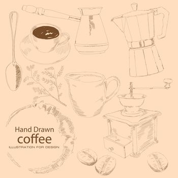 Subject coffee is drawn by hand, coffee cup, kofevrkoy, coffee zrnami, a branch of the coffee tree, hand grinder, a spoon, Turks prigtovleniya to drink.