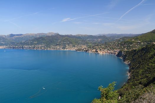 aerial view of Paradiso Gulf with Camogli, Recco and Sori village, Liguria, italy