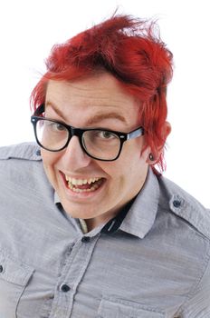 Excited smiling Caucasian young man with red hair on white background