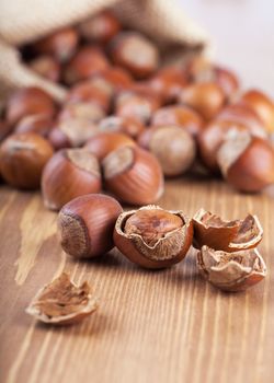 Closeup view of hazelnuts on a wooden table