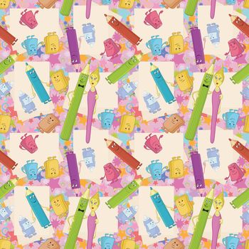 Seamless cartoon background, stationery family: pencils, brushes, tubes, erasers and pencil sharpeners.