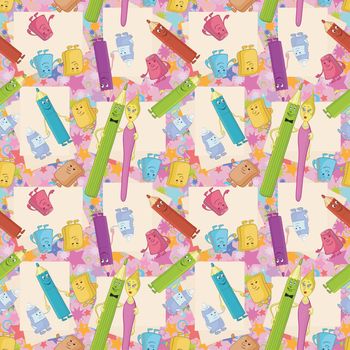 Seamless cartoon background, stationery family: pencils, brushes, tubes, erasers and pencil sharpeners.