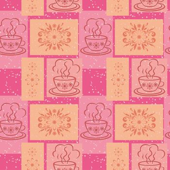 Seamless background, cups with a hot drink and rectangles with floral pattern.