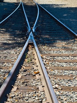 Old Railroad Tracks at a Junction on a Sunny Day