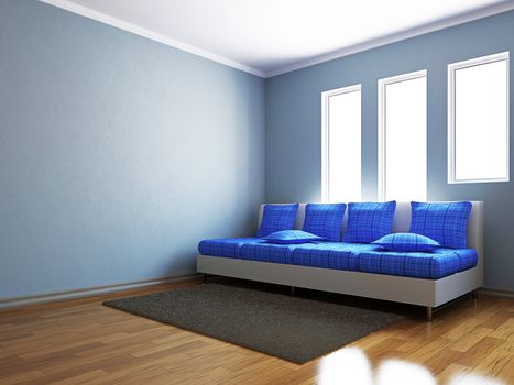 Livingroom with blue sofa  near the windows