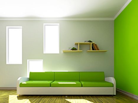 Green sofa in the livingroom near the window