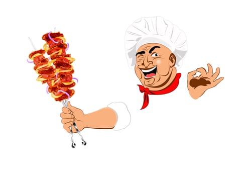 Funny Chef and delicious hot skewers of lamb