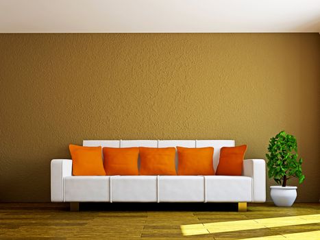 Livingroom with sofa and a plant near the wall