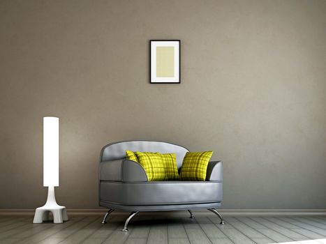 Livingroom with armchair  and a lamp near the wall