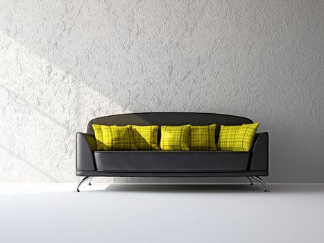 A black leather sofa near the wall