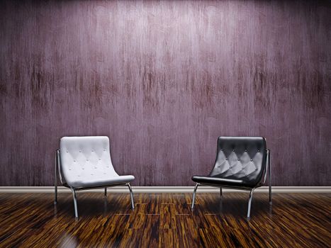 Livingroom with leather chairs  near the wall