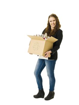 Woman Recycling Paper isolated on white background