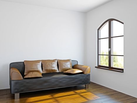 Livingroom with black sofa  near the windows