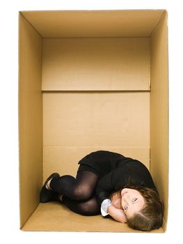 Woman in a Cardboard Box isolated on white Background