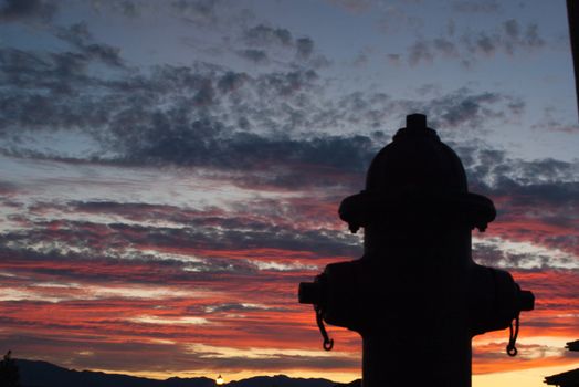 silhouette of fire hydrant with a sunset in the background