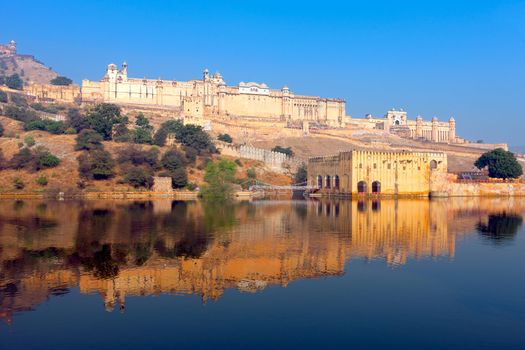 Maota Lake and Amber Fort in Jaipur, Rajasthan, India, Asia