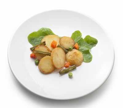 Fried potato with lettuce and vegetables on the white plate