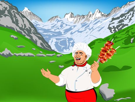 Funny Chef and delicious hot skewers of lamb.Mountain landscape