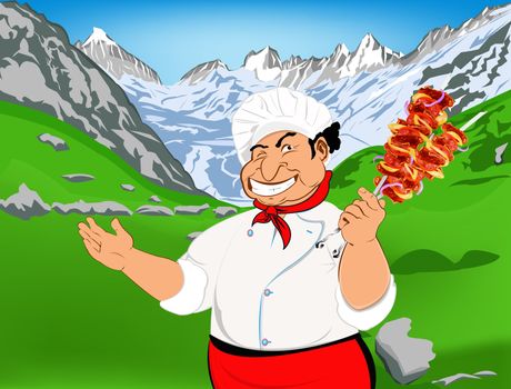 Funny Chef and delicious hot skewers of lamb.Mountain landscape