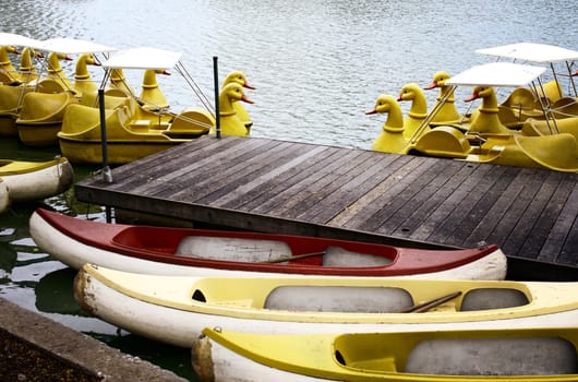 Yellow duck boat at dock, Bangkok, Thailand