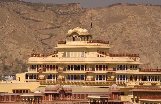 This is the current home of the present maharaja of Jaipur; India.; This is a mix of mughal and rajasthani architecture and is a famous landmark in Jaipur.